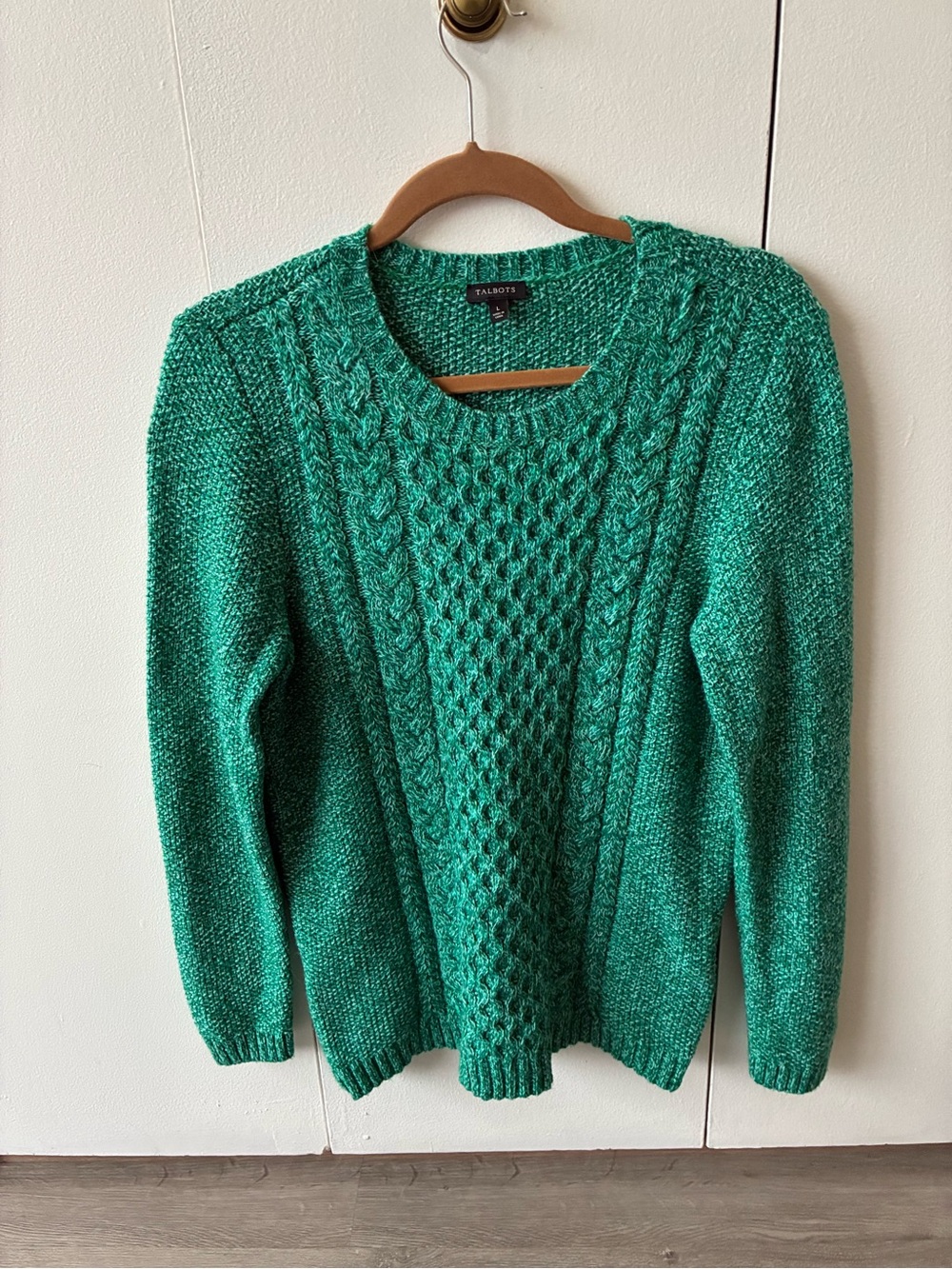 Talbots Women’s Large Green Cable Knit Crewneck Pullover Sweater L